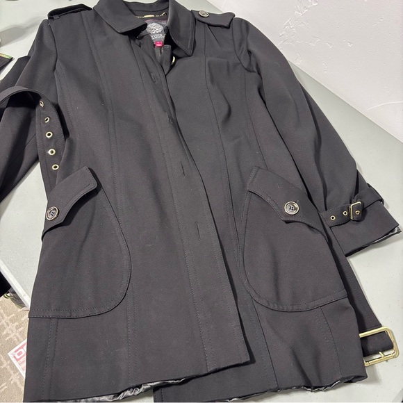 Vince Camuto Women's XL Black Fitted Car Coat Overcoat Trench Button Front Belt - Picture 10 of 10